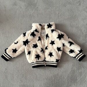 Urban Republic Cream Faux Fur Star Bomber Jacket with Black Stars